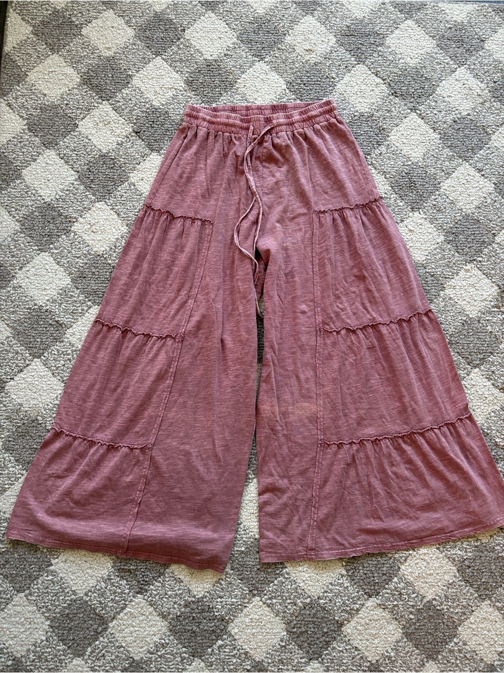 EASEL MINERAL WASHED TIERED WIDE LEG PANTS MAUVE PINK WOMENS SMALL